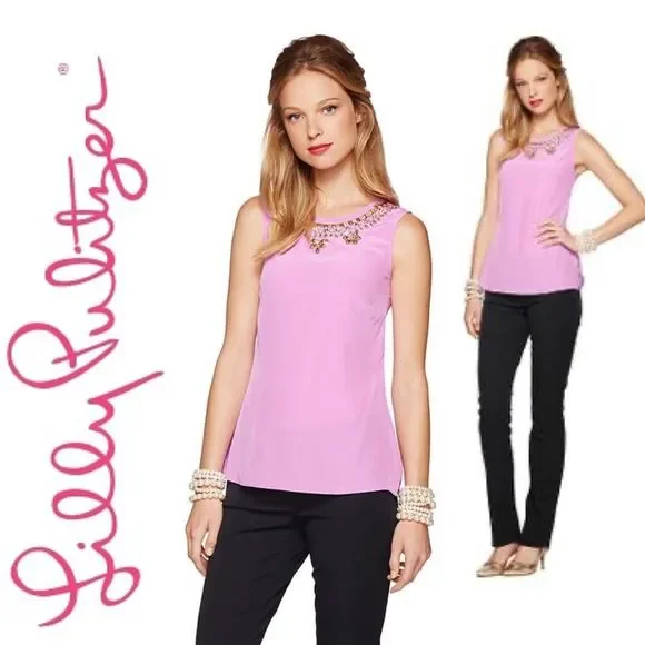 Lilly Pulitzer Havana 100% Silk Pink Embellished Jeweled Neck Blouse Top 58738 - Picture 2 of 8